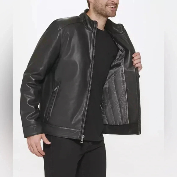 NWT Cole Haan Signature Men's Faux-Leather Jacket black Size Small moto full zip - Picture 10 of 11